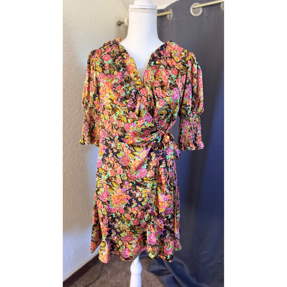 Topshop Floral Ruffle Wrap Dress Pink Orange Teal Size 6